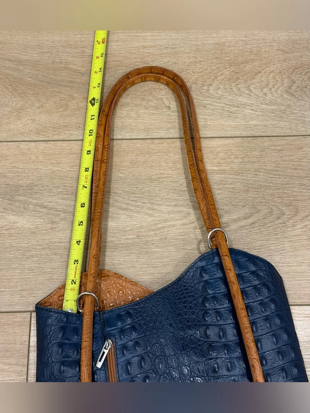 Italian Genuine Leather Croc Embossed Tote Bag Blue Cognac Shoulder Purse - Picture 12 of 12